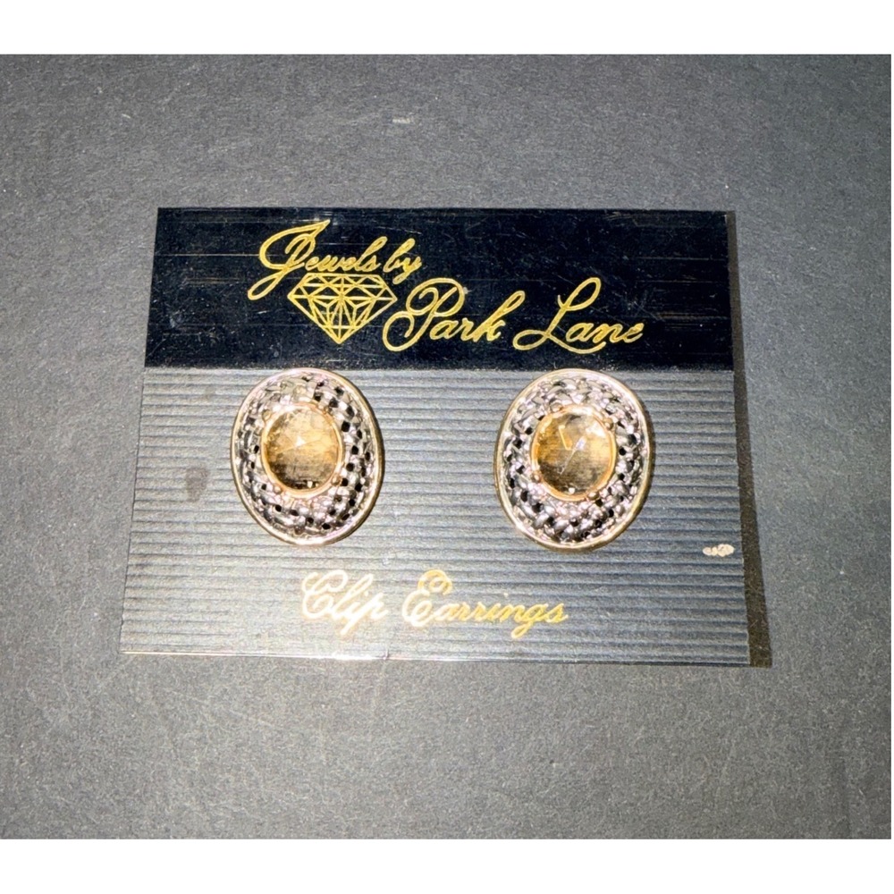 Jewels by Park Lane Two Tone Woven Lattice Oval Clip On Earrings Amber Stone